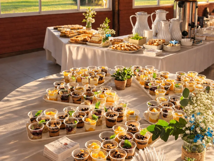 mesa dulce con vasitos de postre y café