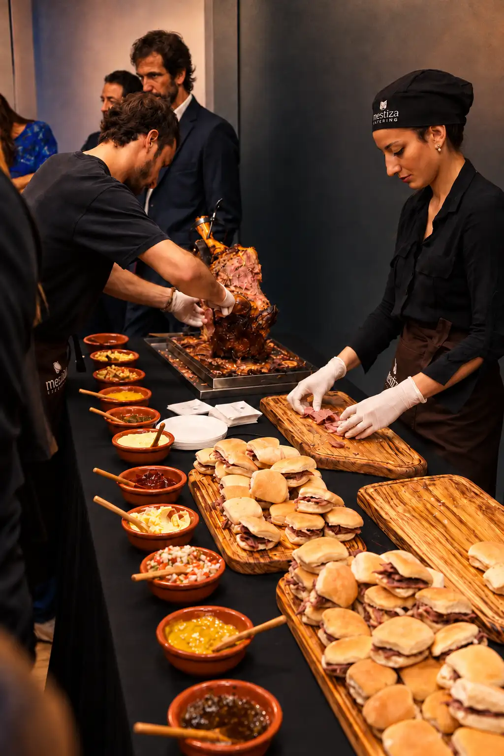 mesa de pernil party con panes, salsas y personal de cocina en un evento