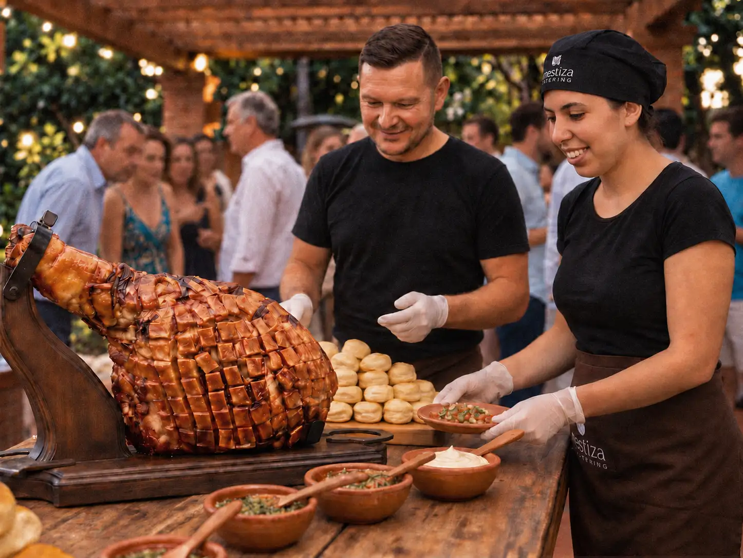 equipo de Don Pernil sirviendo pernil en un evento al aire libre
